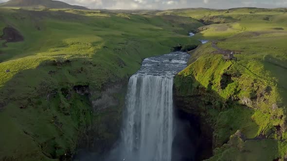 Aerial view Skogafos Waterfall in Sunny Evening Iceland alt