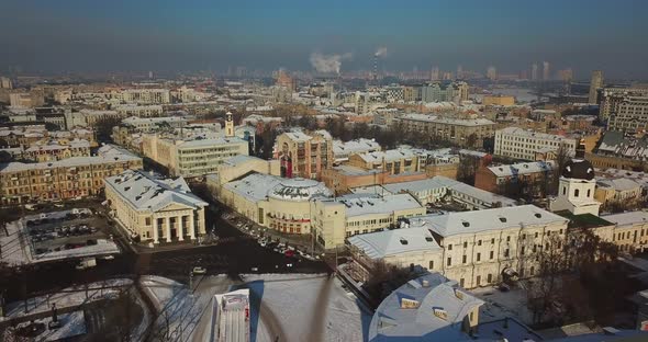 Aerial Drone View of Podil is the Historical Center of Kyiv in Winter