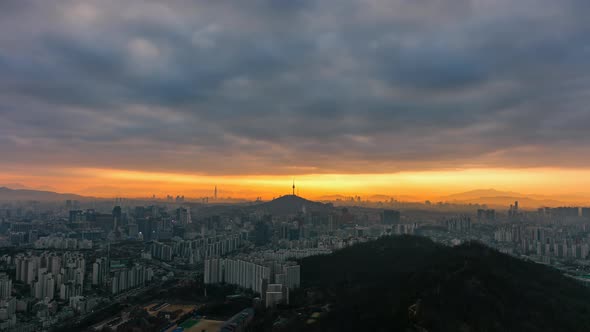 View of Seoul City Skyline and Seoul Tower at Sunrise South Korea