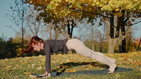 Young Woman Doing Chaturanga Cobra and Other Poses in Park on a Yoga Mat