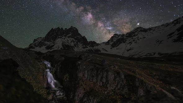 Milky Way Above the Mountains and a Waterfall 
