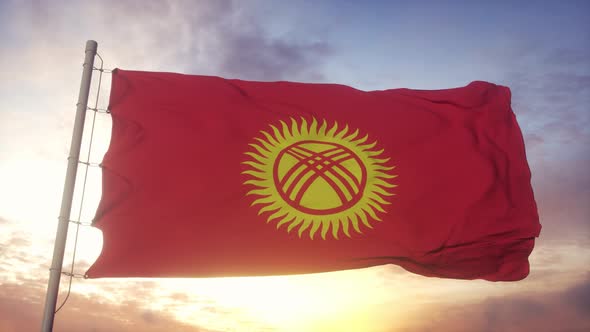 Kyrgyzstan Flag Waving in the Wind Sky and Sun Background alt