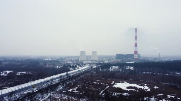 Coal fired power plant. gas emissions into the atmosphere. winter landscape. Aerial view.
