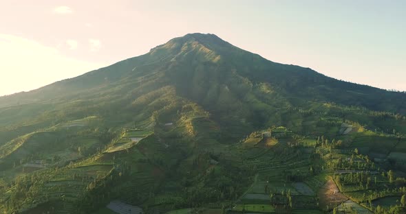 mount sumbing with rural view countryside. lush trees in plantations. beauty scene of landscape in W alt