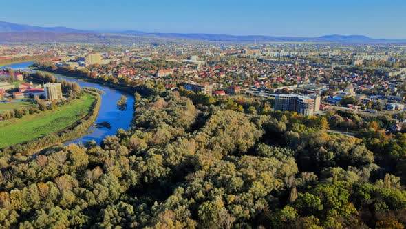 Panoramic View Uzhhorod Ukraine Europe on a Small City Over the Uzh River at Above in the Autumn alt