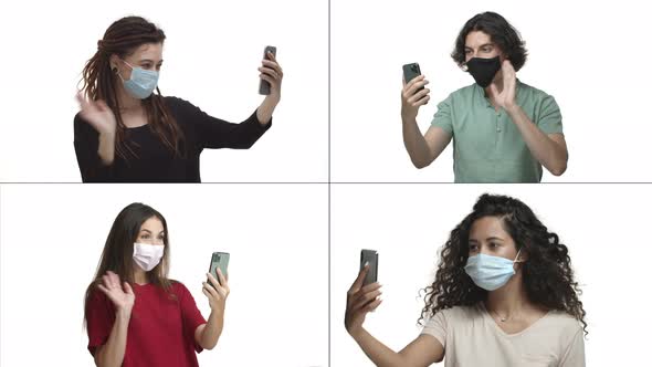 Collage of Diverse Men and Women Video Chat on Mobile Phone in Medical and Face Mask From