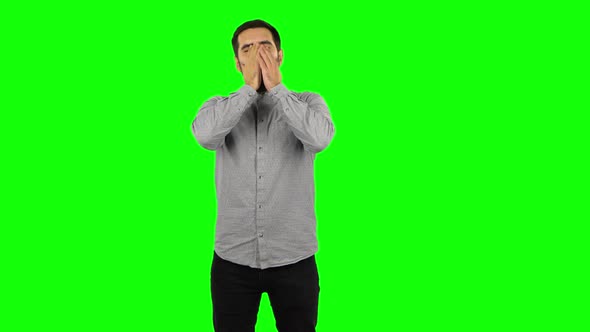 Brunette Guy Is Getting a Cold, Sore Throat and Head, Cough. Green Screen alt