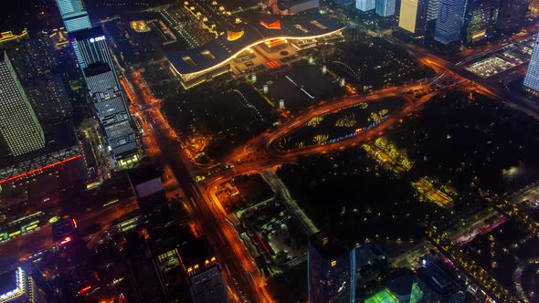 Shenzhen Central Business District Aerial Panorama China Timelapse at Night Pan Up alt