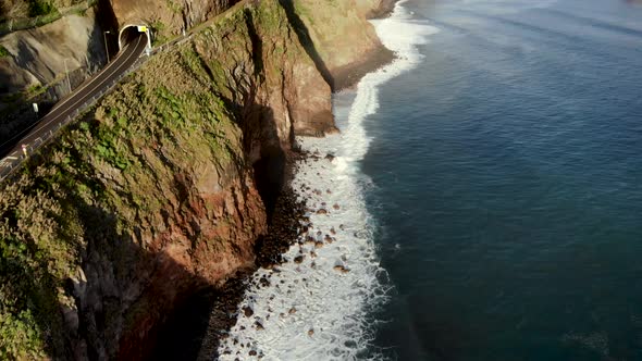 Aerial Reveal Shot of Coastline Near Porto Moniz, Madeira Island, Portugal