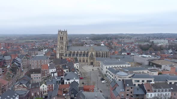 City Centre of Tongeren and Basilica of Our Lady seen by aerial drone alt