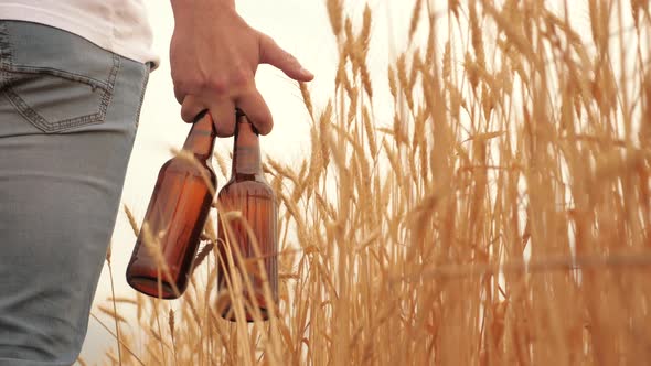 Farmer Brewer Carries Fresh Cold Beer Through a Field of Ripe Wheat alt