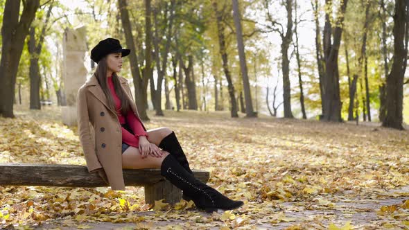 Glamorous Girl in Stylish Clothes Sits on Bench in a Pose in the Autumn Park alt