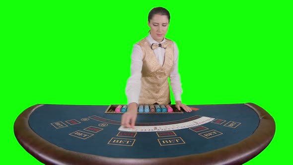 Casino Croupier Smoothes and Gathers the Poker Cards. Green Screen. Slow Motion alt