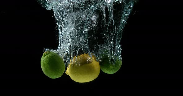 Yellow, citrus limonum, Citrus aurantifolia, Fruits falling into Water against Black Background alt