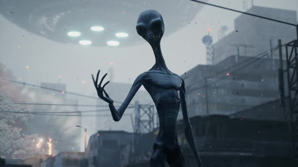 An Alien Stands In A Ruined City