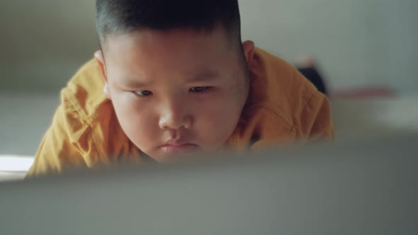 Little asian boy student watch video online webinar learn on laptop