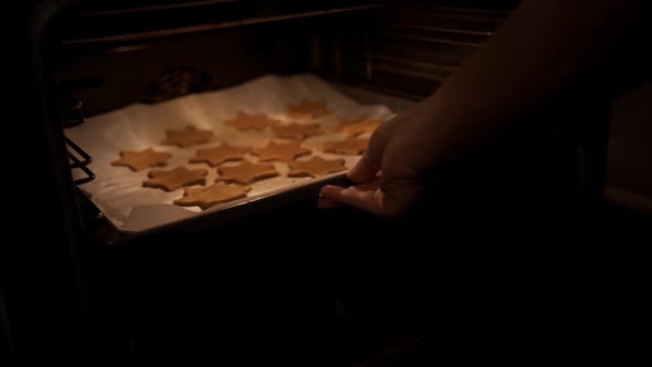 the Girl Puts in the Oven a Baking Tray with Cookies Gingerbread for Cooking