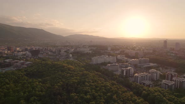 Aerial View of Suburban District in Sofia with Beautiful Sunset Horizon alt