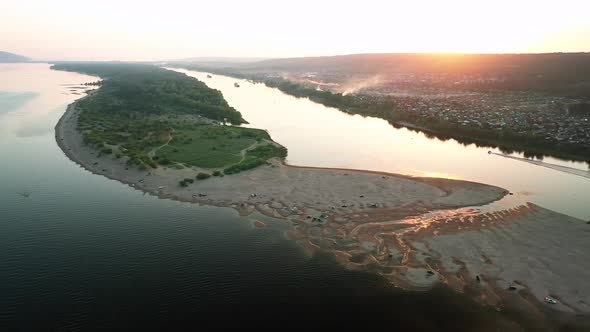 View From a Copter, Overflow of the Volga River, Sand Spit. Beautiful Natural Landscape, Circular