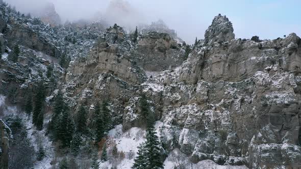 Aerial view flying between pine trees towards snow covered rocky cliffs alt