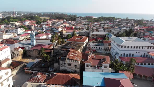 Aerial View of Stone Town Zanzibar City Slum Roofs and Poor Streets Africa alt