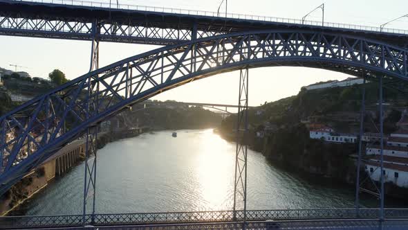 Aerial View Luis I Bridge in Sun Shining