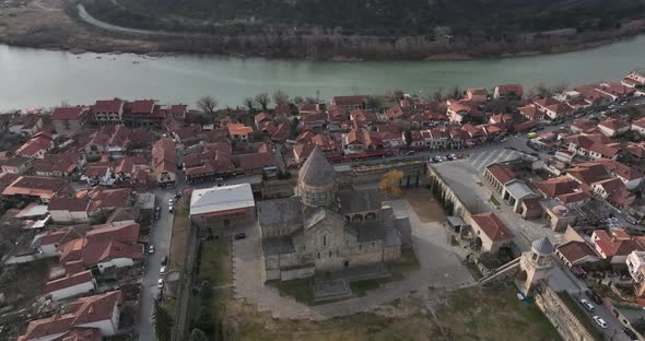 Aerial view of Orthodox Svetitskhoveli Cathedral in Mtskheta, Georgia alt