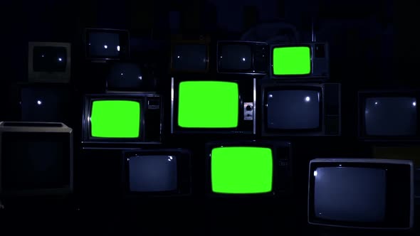 Four Retro Televisions Turning Off Chroma Key Green Screens. Zoom Out ...