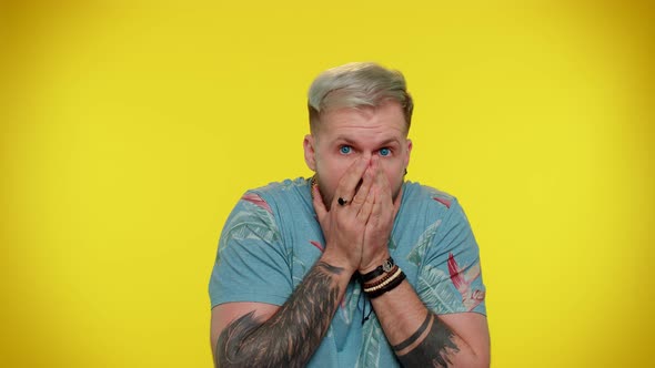 Scared Fearful Depressed Man Expresses His Fear and Waves His Hands Away From Danger Waving No alt