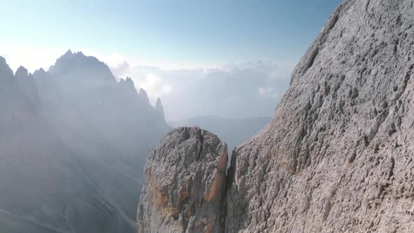 Aerial Drone Shot Flying Near Vajolet Towers Mountain in Dolomites Italy