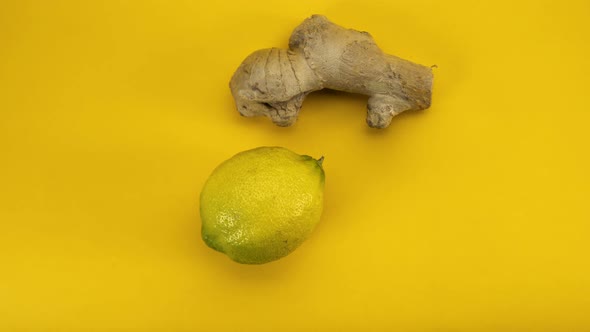 Lemons and ginger on yellow background, seamless loop stop motion animation 4k alt