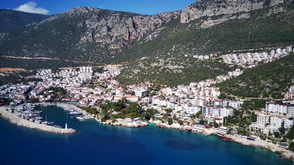 The top view from the drone of Kas resorts, bay, yahts, city in Mugla in Turkey alt