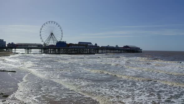 Stunning aerial view of the famous Blackpool pier at high tide, by the award winning Blackpool beach alt
