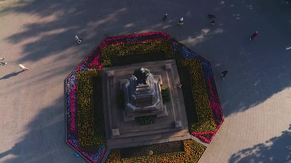 Aerial View, Monument To a Man in the City Square. Monument To V.I. Lenin, Russia, Samara. View From