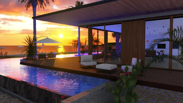 Beach House With Sea View Swimming Pool And Sunset Sky