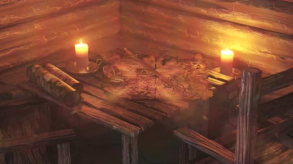 Cartoon treasure map on a tavern table warmly lit by a warm candle. 4KHD alt