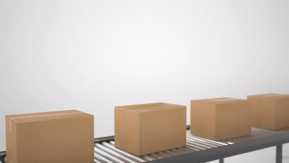 Cardboard boxes on conveyor belt line isolated on white grey background
