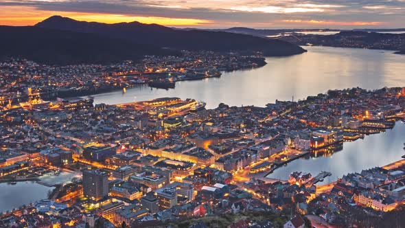 Panoramic view of Bergen from Floyen, Bergen, Norway at sunset.