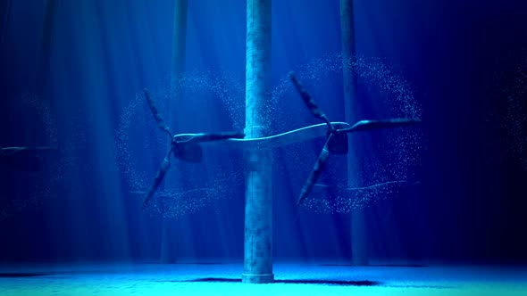 Zooming in animation of underwater tidal dual turbines working. Clean energy. HD alt