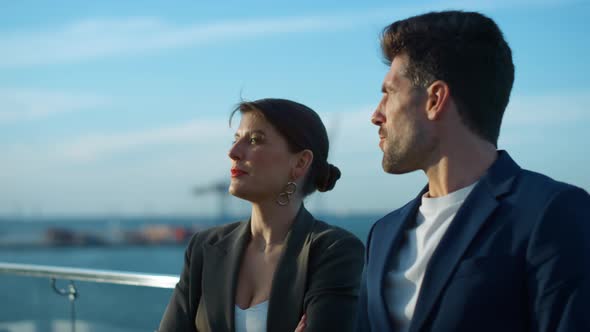 Cheerful Business Couple Talk Outdoors Closeup alt