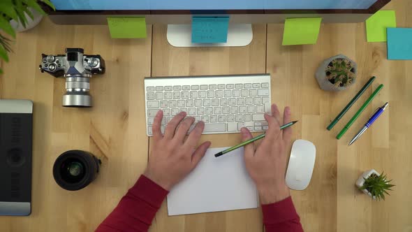 Man Hands Working On Computer At Workplace Flat Lay Closeup