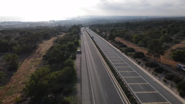 Ayia Napa, Cyprus. Road to the city. Flying over the road leading to the city.