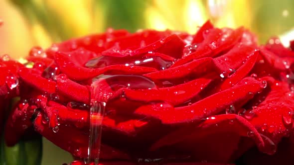 Rain Drops Falling On Red Rose. Slow Motion