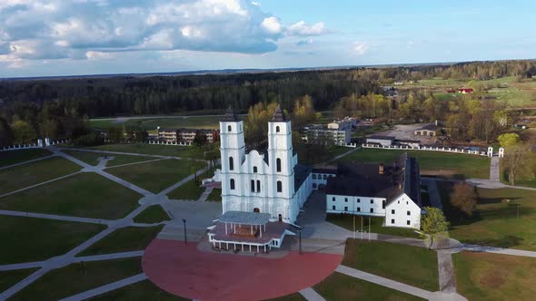 Majestic Aglona Cathedral in Latvia. White Chatolic Church Basilica. Aerial Dron 4K Shot alt