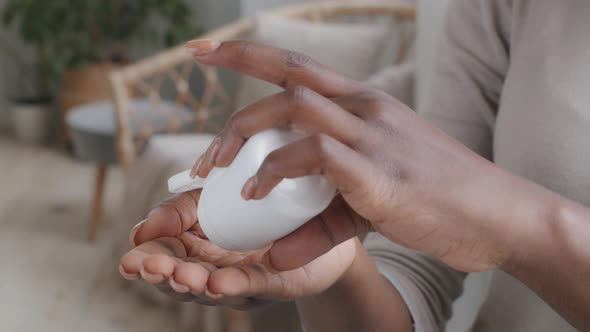 African Young Lady Pouring Pill From Meds Bottle Hold Painkiller Capsules on Hand Take Medicine to alt