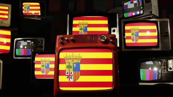 Flag of Aragon, autonomous community in Spain, and Retro TVs. alt