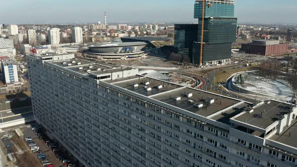 Aerial view of the center of Katowice, The roundabout Generała Ziętka and Superjednostka apartment b alt