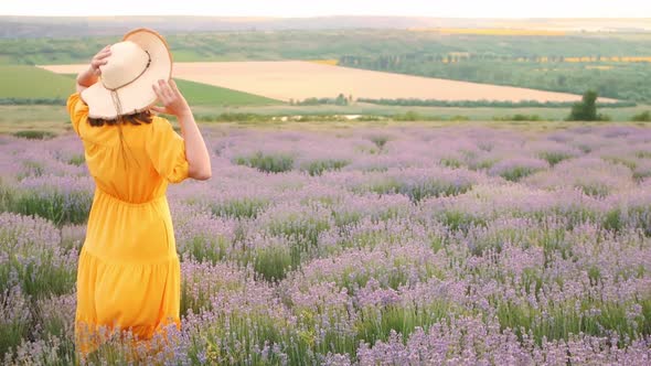 Beautiful Woman in Lavender Field Slow Motion
