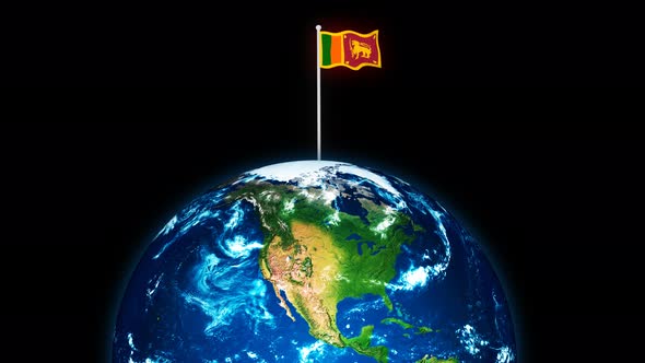 3d Rotated Planet Earth On Flying Sri Lanka Flag Animation alt