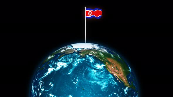 North Korea Flying Flag Wave Animated On 3d Planet Earth alt